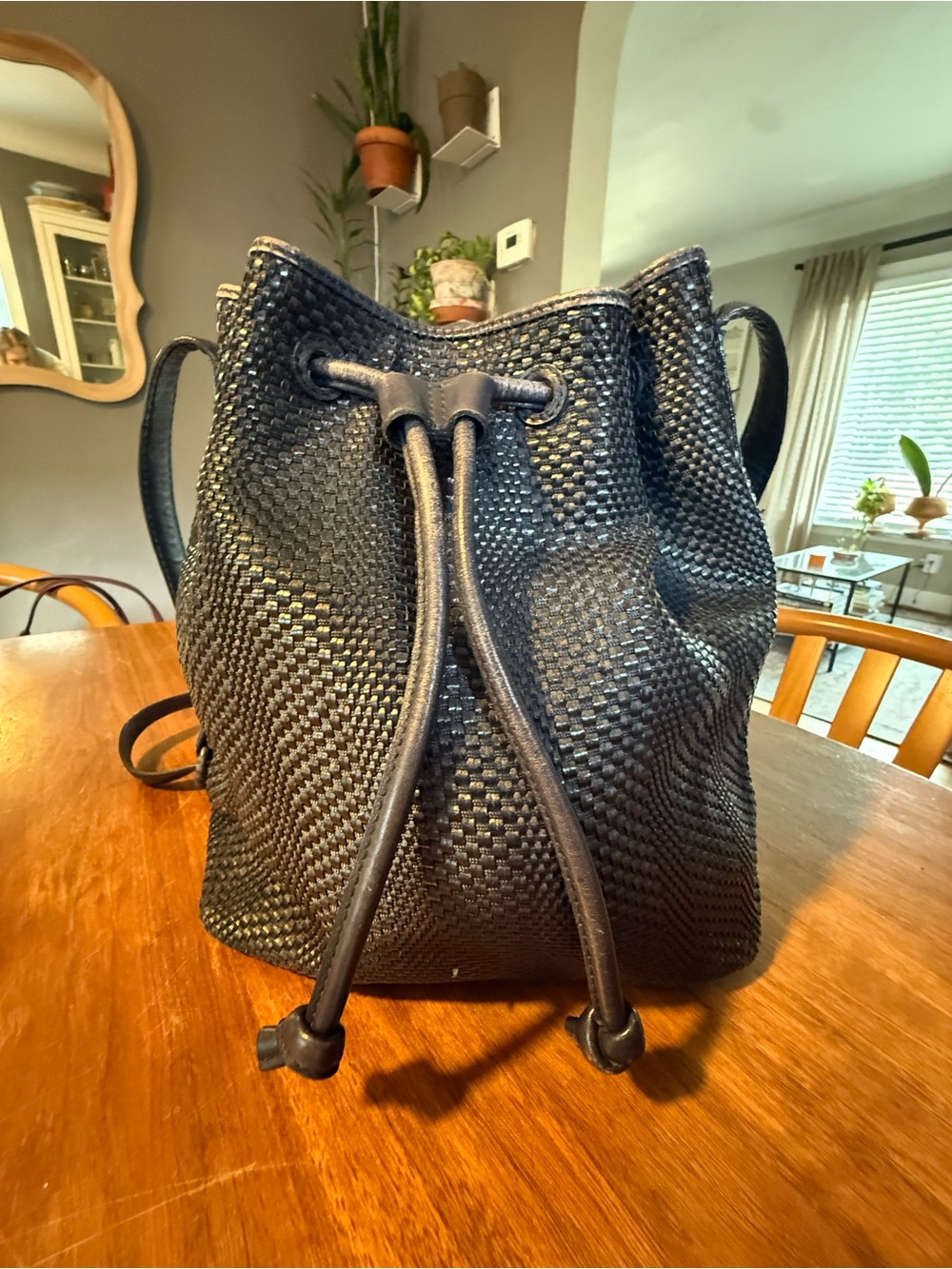 Woven Drawstring Backpack - Navy Blue